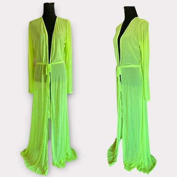 Kelly Green Sheer Mesh Maxi Loungewear Tie Front Robe Size X-La…BALLETCORE - Picture 9 of 9